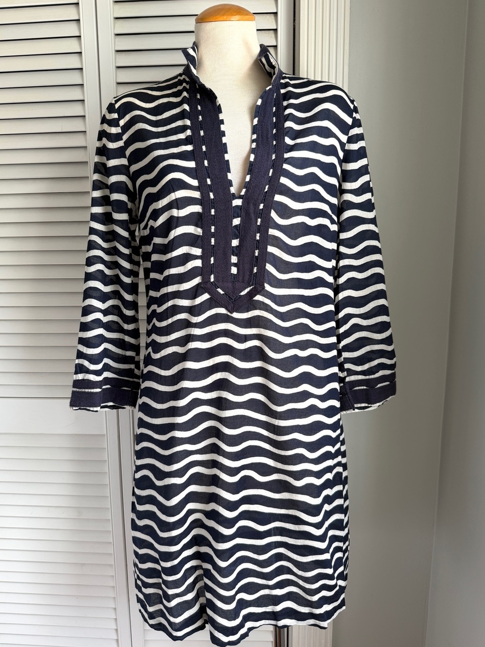8🌊 Tory Burch Navy and White Wave Stripe Swim Tunic Coverup Dress 3/4 Sleeve